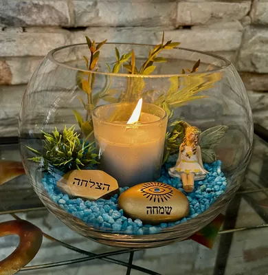 כד זכוכית עם נר אבני טורקיז מיוחדים עם פיה